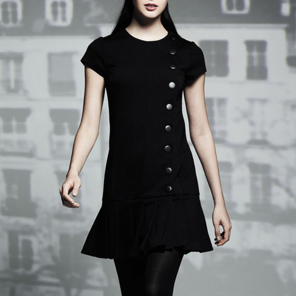 Pleated Button Front Shift Dress